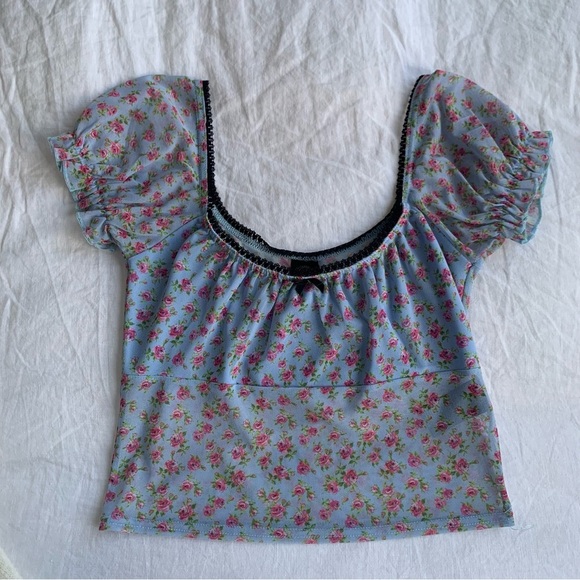 Urban Outfitters Mesh Blue Floral Short Puff Sleeve Blouse Top - Picture 1 of 4